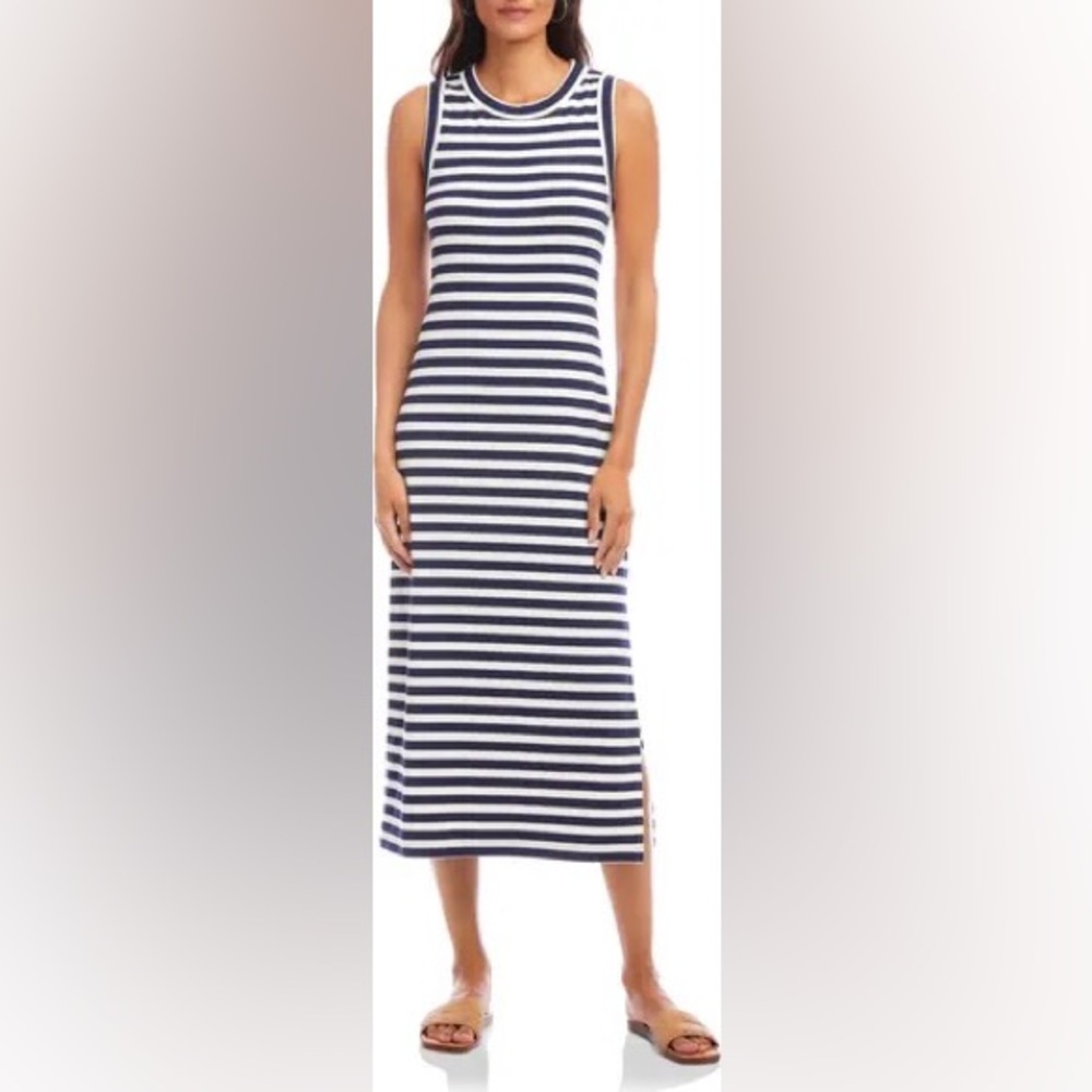 🆕️Universal Thread Navy and White Knit Striped Maxi Dress w Side Slit NWT